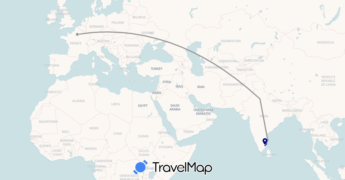 TravelMap itinerary: driving, plane in France, India (Asia, Europe)